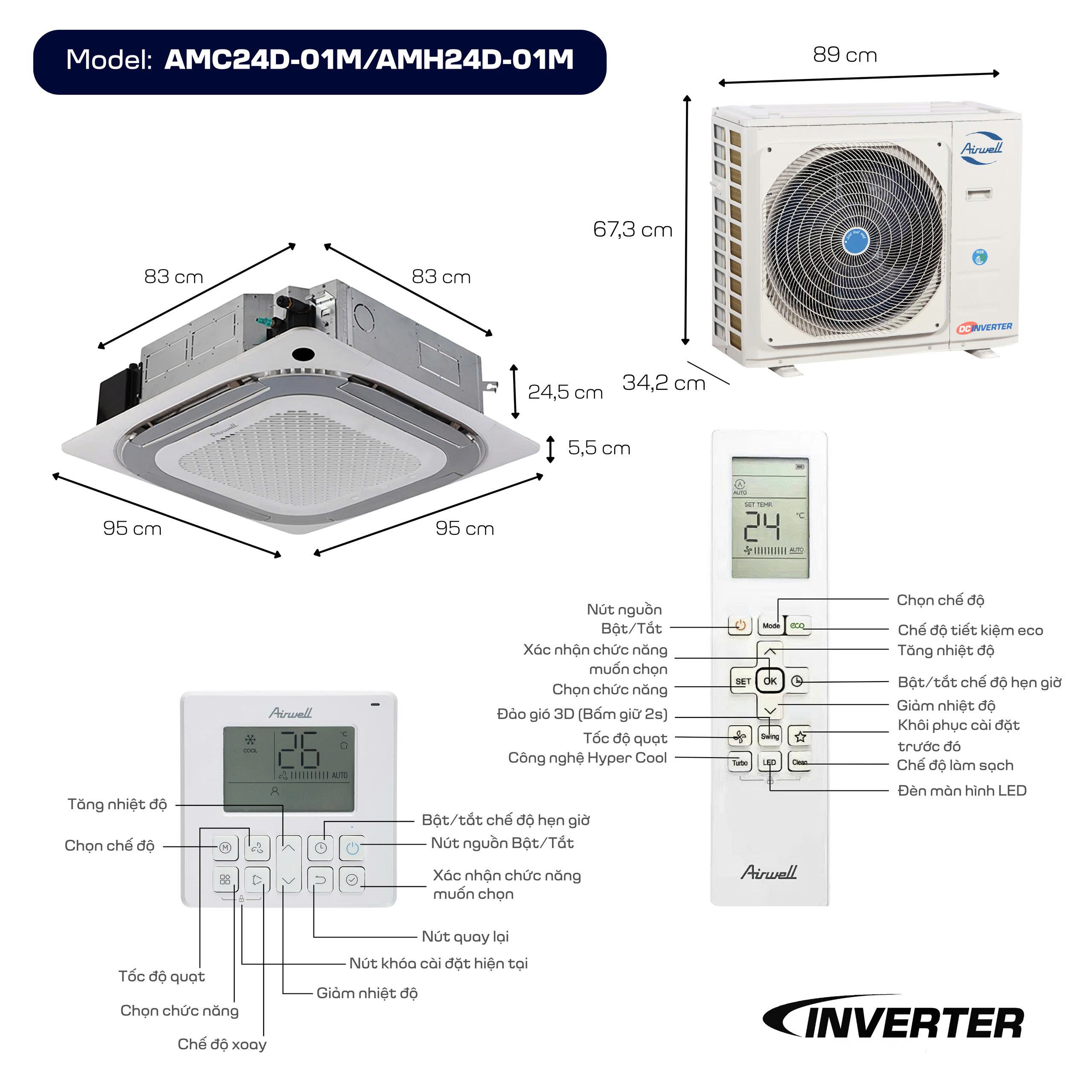 Máy lạnh âm trần Airwell 2.5HP Inverter AMC24D-01M